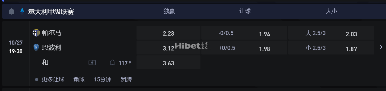 意大利甲级联赛 10/27 19:30 帕尔马VS 恩波利