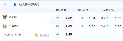 10月31日 1:30 意甲 威尼斯VS乌迪内斯