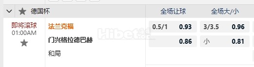 德国杯 10/31 01:00  法兰克福  -  门兴格拉德巴赫