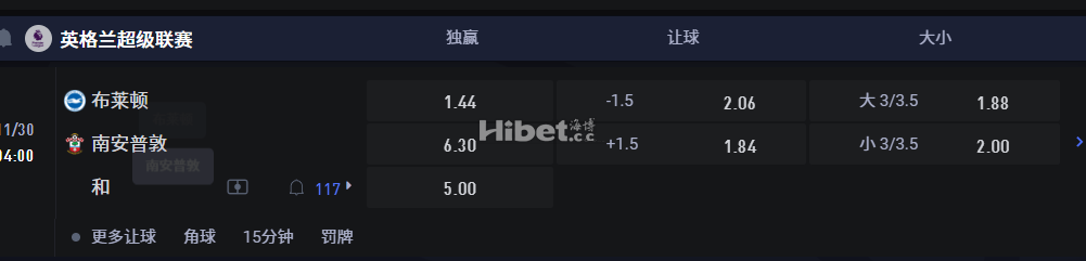 英格兰超级联赛 11/30 04:00 布莱顿 VS南安普敦